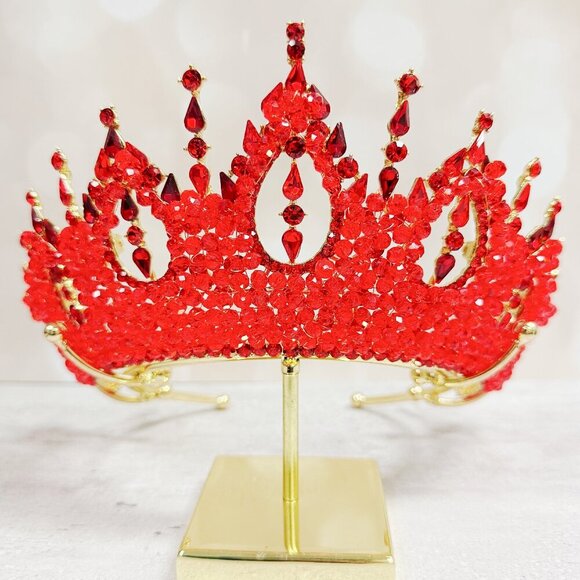 Gold Princess Crown, Prom headpiece, Bridal tiara, Red Crystal wedding crown